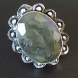 *NWOT* MASSIVE LABRADORITE STONE FACETED OVAL SILVERY SZ 6.5 RING 64